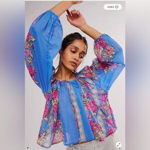 Free People Floral Blue Women's Top